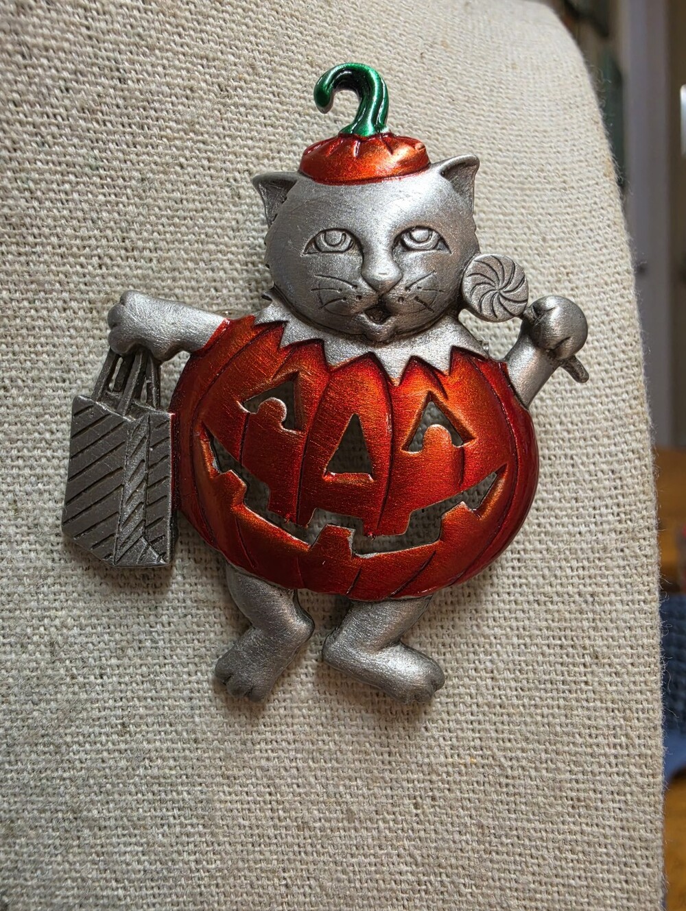 Halloween Cat Pumpkin Brooch in Silver, Orange and Green